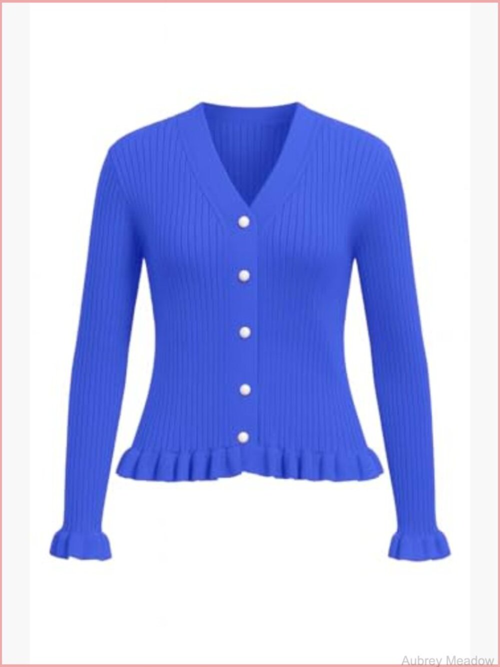 Ruffled Trim Ribbed Knit V-Neck Pearl Button Cardigan - Picture 5 of 7